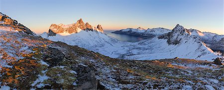 simsearch:6129-09044279,k - Panoramic view of the valley called Korkedalen during the first sun of the day. Hesten, Fjordgard, Mefjorden, Senja, Norway, Europe. Stock Photo - Rights-Managed, Code: 879-09020927