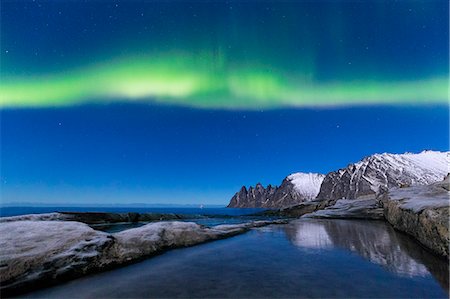 Northern lights above the bay facing Tungeneset. Tungeneset, Ersfjorden, Senja, Norway, Europe. Stock Photo - Rights-Managed, Code: 879-09020922