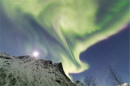 Northern lights and stars on the snowy peaks in the polar arctic night Bergsbotn Senja Tromsø Norway Europe Stockbilder - Lizenzpflichtiges, Bildnummer: 879-09021219