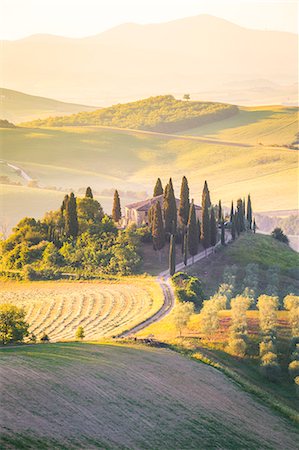 Podere Belvedere, the famous italian farmhouse, during sunrise. Val d'Orcia, Siena province, Tuscany, Italy Stock Photo - Rights-Managed, Code: 879-09021367
