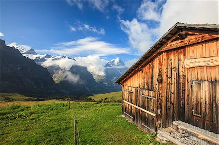 simsearch:879-09034008,k - Wood hut with Mount Eiger in the background First Grindelwald Bernese Oberland Canton of Berne Switzerland Europe Photographie de stock - Rights-Managed, Code: 879-09034116