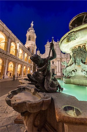 Night view of the Basilica of the Holy House and fountain decorated with statues Loreto Province of Ancona Marche Italy Europe Stock Photo - Rights-Managed, Code: 879-09034258