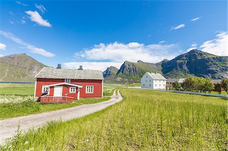 europe houses - Green grass and meadows frame the typical houses called Rorbu in the fishing village of Flakstad Lofoten Islands Norway Europe Stock Photo - Rights-Managed, Code: 879-09034298