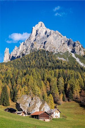 simsearch:879-09100515,k - Fosne, typical alpine village with mount Cimerlo in the background, Fosne, Primiero valley, Trentino, Dolomites Foto de stock - Con derechos protegidos, Código: 879-09100513