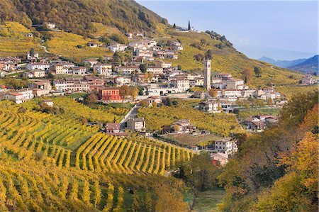 the village of Santo Stefano surrounded by the yellow vineyards in autumn, along the road of wine, Valdobbiadene, Treviso, Veneto, Italy Fotografie stock - Rights-Managed, Codice: 879-09100525