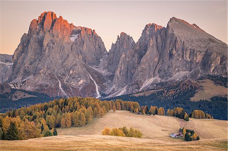 Alpe di Siusi with Mount Sassolungo and Mount Sassopiatto on yhe background, South tyrol, Italy Foto de stock - Con derechos protegidos, Código: 879-09101050