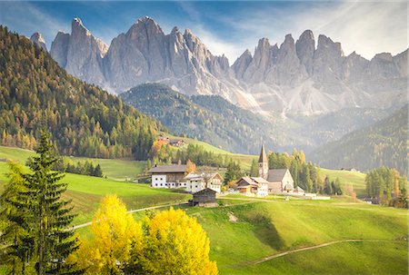 simsearch:879-09101072,k - The village of Santa Magdalena with the Odle Group on the background. Funes Valley, Bolzano Province, Trentino Alto Adige, Italy Stock Photo - Rights-Managed, Code: 879-09101071