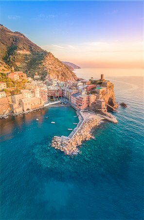 Vernazza, 5 Terre, Liguria, Italy. Aerial view of Vernazza at sunset. Stock Photo - Rights-Managed, Code: 879-09128805
