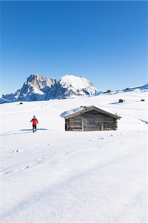 seiser alm - a hiker is trekking with snowshoes on the Seiseralm with Langkofel and Plattkofel in the background, Bolzano province, South Tyrol, Trentino Alto Adige, Italy Foto de stock - Con derechos protegidos, Código: 879-09129053