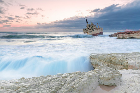 ship ocean wave - Cyprus, Paphos, Coral Bay, the shipwreck of Edro III at sunset Stock Photo - Rights-Managed, Code: 879-09188955