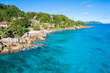 Aerial view of Anse Patates and Patatran village. La Digue island, Seychelles, Africa Photographie de stock - Rights-Managed, Code: 879-09189151