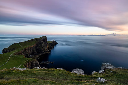 summer sunset at Neist Point Lighthouse, Isle of Skye, Inner hebrides, Scotland, Europe Photographie de stock - Rights-Managed, Code: 879-09189309