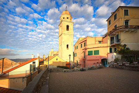 Main square with the tower bell of Cervo, Imperia province, Liguria, Italy, Europe. Stock Photo - Rights-Managed, Code: 879-09189630