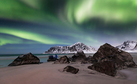 star - Skagsanden beach with northern light, Flakstad village, Svolvear district, Lofoten Islands, Norway Stock Photo - Rights-Managed, Code: 879-09189849