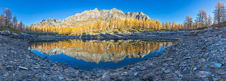 simsearch:879-09191163,k - A panoramic view of the Nero Lake in autumn immediately after the sunrise (Buscagna Valley, Alpe Devero, Alpe Veglia and Alpe Devero Natural Park, Baceno, Verbano Cusio Ossola province, Piedmont, Italy, Europe) Photographie de stock - Rights-Managed, Code: 879-09190354