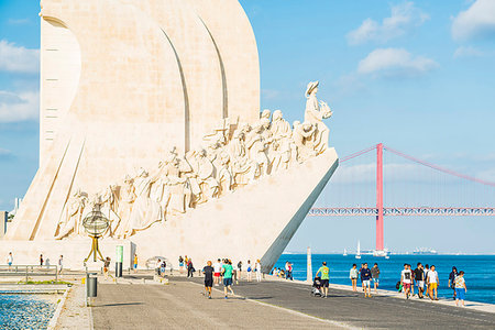simsearch:862-05998863,k - Lisbon, Portugal. Monument of the Discoveries (Padrao dos Descobrimentos) and 25 do Abril bridge on the Tagus river. Stock Photo - Rights-Managed, Code: 879-09190409