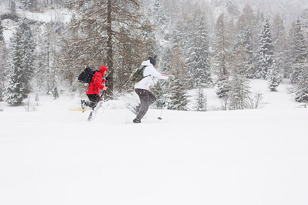 two hikers are running with snowshoes into powder under a beautiful snowfall, Fassa Valley, Trento province, Trentino Alto Adige, Italy Foto de stock - Con derechos protegidos, Código: 879-09190445