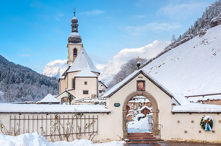 Parish Church of St. Sebastian, Ramsau near Berchtesgaden in winter, Berchtesgadener Land district, Upper Bavaria, Bavaria, Germany Stock Photo - Rights-Managed, Code: 879-09190593