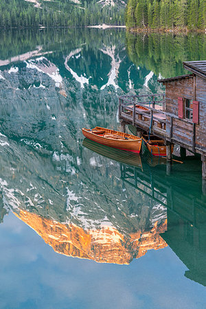 Braies / Prags, Dolomites, South Tyrol, Italy. The Lake Braies / Pragser Wildsee at sunrise Stock Photo - Rights-Managed, Code: 879-09190687