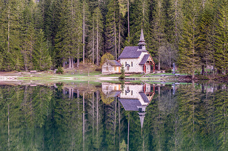 Braies / Prags, Dolomites, South Tyrol, Italy. The chapel on the Lake Braies Stock Photo - Rights-Managed, Code: 879-09190690