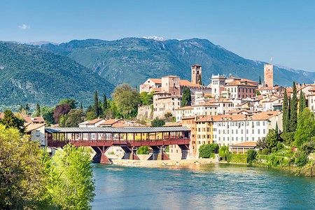 simsearch:879-09129305,k - Bassano del Grappa, Vicenza province, Veneto, Italy, Europe. View of the medieval town of Bassano del Grappa and its famous old bridge Stock Photo - Rights-Managed, Code: 879-09190715