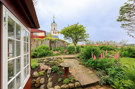 europe house with garden - Cathedral and traditional house, Torshavn, Streymoy Island, Faroe Islands, Denmark Stock Photo - Rights-Managed, Code: 879-09191227