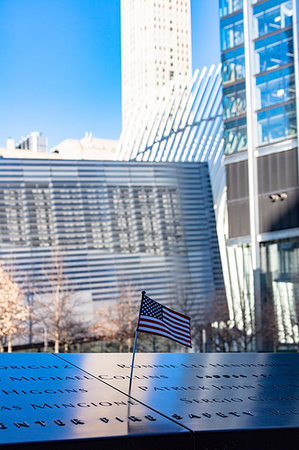 Engraved names on memorial plaque, One World Trade Center, Lower Manhattan, New York City, USA Photographie de stock - Rights-Managed, Code: 879-09191352