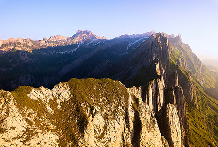 simsearch:879-09100340,k - Aerial panoramic of the rocky peak Santis from Schafler at sunset, Appenzell Innerrhoden, Switzerland Stock Photo - Rights-Managed, Code: 879-09191450