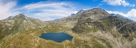 simsearch:879-09189212,k - Aerial panoramic of Lake Emet, Rifugio Bertacchi and peak Emet, Spluga Valley, Sondrio province, Valtellina, Lombardy, Italy Stock Photo - Rights-Managed, Code: 879-09191484