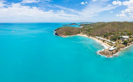 Panoramic elevated view of Hawksbill Bay and Beach, Antigua, Antigua and Barbuda, Caribbean, Leeward Islands, West Indies Photographie de stock - Rights-Managed, Code: 879-09191498