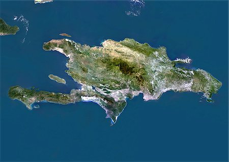 simsearch:872-06053969,k - Haiti und die Dominikanische Republik, wahre Farbe Satellitenbild. Haiti und die Dominikanische Republik, true-color-Satellitenbild. Dieses Bild wurde aus Daten von Satelliten LANDSAT 5 & 7 erworbenen zusammengestellt. Stockbilder - Lizenzpflichtiges, Bildnummer: 872-06054007