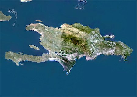 saint domingue - Haïti (avec masque) et la République dominicaine, vraie couleur Satellite Image avec masque. Haïti (avec masque) et la République dominicaine, image satellite couleur vraie. Cette image a été compilée à partir de données acquises par les satellites LANDSAT 5 & 7. Photographie de stock - Rights-Managed, Code: 872-06054009