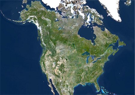simsearch:872-06053988,k - États-Unis (Alaska incl.) Et Canada, Image Satellite de la couleur vraie. États-Unis (y compris l'Alaska) et au Canada, image satellitaire couleur vraie. Cette image a été compilée à partir de données acquises par les satellites LANDSAT 5 & 7. Photographie de stock - Rights-Managed, Code: 872-06054000