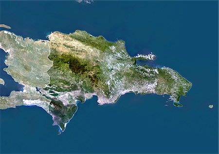 saint domingue - République dominicaine, True Image Satellite couleur avec masque et de la frontière. République dominicaine, image satellite couleur vraie avec masque et de la frontière. Cette image a été compilée à partir de données acquises par les satellites LANDSAT 5 & 7. Photographie de stock - Rights-Managed, Code: 872-06054017