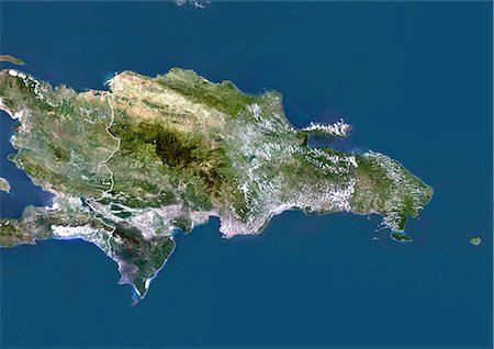 saint domingue - République dominicaine, Image Satellite couleur vraie avec bordure. République dominicaine, image satellite couleur vraie avec bordure. Cette image a été compilée à partir de données acquises par les satellites LANDSAT 5 & 7. Photographie de stock - Rights-Managed, Code: 872-06054018