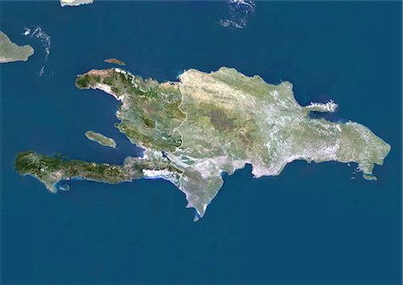 Haiti And Dominican Republic (With Mask And Border), True Colour Satellite Image. Haiti and Dominican Republic (with mask and border), true colour satellite image. This image was compiled from data acquired by LANDSAT 5 & 7 satellites. Stock Photo - Rights-Managed, Code: 872-06054011