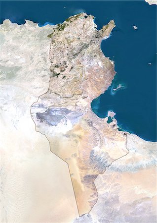 simsearch:872-06053042,k - Tunisia, True Colour Satellite Image With Mask And Border. Tunisia, true colour satellite image with mask and border. North is at top. Around forty-five percent of the country is composed of the Sahara desert, with much of the remainder consisting of particularly fertile soil, with easily accessible coasts. This image was compiled from data acquired by LANDSAT 5 & 7 satellites. Stock Photo - Rights-Managed, Code: 872-06054054