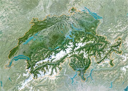 simsearch:872-06052819,k - Suisse, True Image Satellite couleur avec masque et de la frontière. Suisse. Image satellite du pays européen de Suisse, avec masque et de la frontière. Nord est en haut. Ce petit pays enclavé est dominé par les montagnes des Alpes du Sud et des lacs dans le Nord. Lac de Constance est en haut à droite, le lac Léman est en bas à gauche. L'image utilise des données provenant des satellites LANDSAT 5 & 7. Photographie de stock - Rights-Managed, Code: 872-06054052