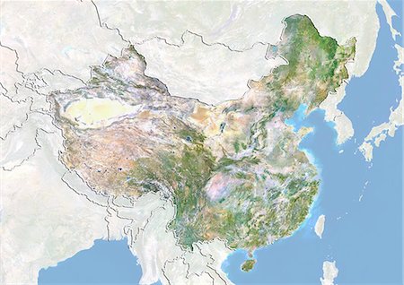 physical geography of china yellow river - China, Satellite Image With Bump Effect, With Border and Mask Stock Photo - Rights-Managed, Code: 872-06054222