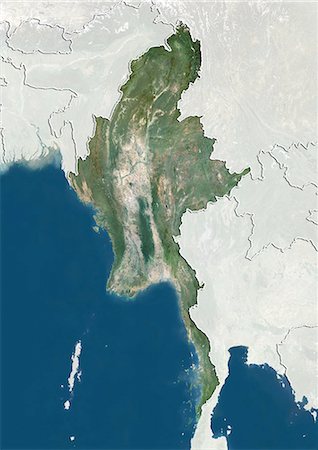 fiume ayeyarwady - Myanmar, True Colour Satellite Image With Border and Mask Fotografie stock - Rights-Managed, Codice: 872-06054595