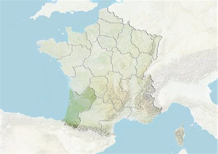 simsearch:872-06055187,k - Frankreich und der Region Aquitaine, Reliefkarte Stockbilder - Lizenzpflichtiges, Bildnummer: 872-06055187