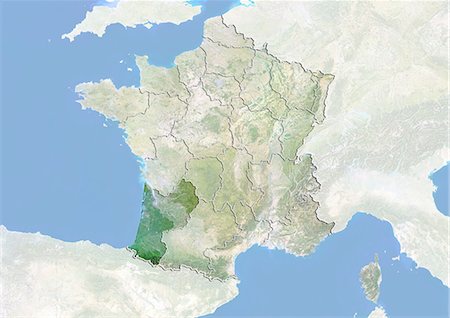 simsearch:872-06055187,k - Frankreich und der Region Aquitaine, Satellitenbild mit Bump-Effekt Stockbilder - Lizenzpflichtiges, Bildnummer: 872-06055188