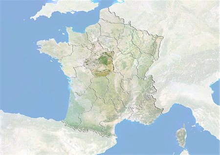 France et la région du Centre, Image Satellite avec effet de relief Photographie de stock - Rights-Managed, Code: 872-06055203