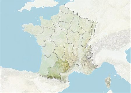 France and the Region of Midi-Pyrenees, Relief Map Stock Photo - Rights-Managed, Code: 872-06055229