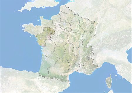 pays de la loire - France et la région des Pays-de-la-Loire, Image Satellite avec effet de relief Photographie de stock - Rights-Managed, Code: 872-06055236