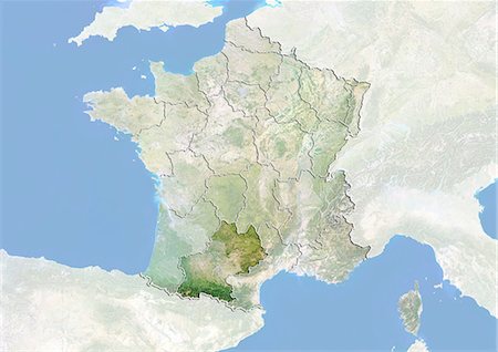 France et la région Midi-Pyrénées, Image Satellite avec effet de relief Photographie de stock - Rights-Managed, Code: 872-06055230