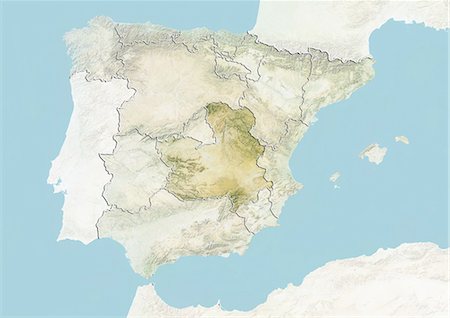 Spain and the Region of Castile La Mancha, Relief Map Stock Photo - Rights-Managed, Code: 872-06055567