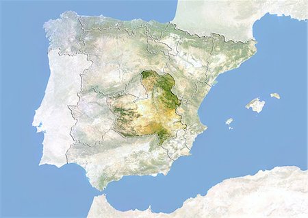 Spain and the Region of Castile La Mancha, Satellite Image With Bump Effect Stock Photo - Rights-Managed, Code: 872-06055568