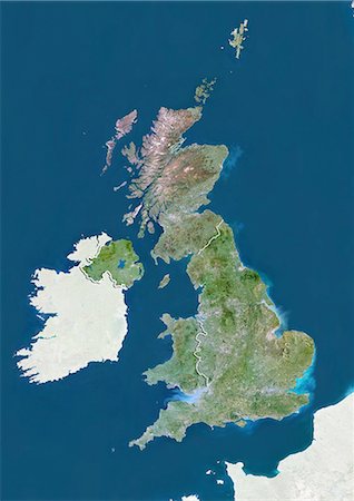 Royaume-Uni, Image Satellite couleur vraie avec les frontières des pays Photographie de stock - Rights-Managed, Code: 872-06055699