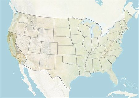 sierra nevada (california, usa) - United States and the State of California, Relief Map Stock Photo - Rights-Managed, Code: 872-06055709